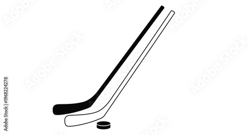 Two hockey sticks and a puck displayed as a dark silhouette