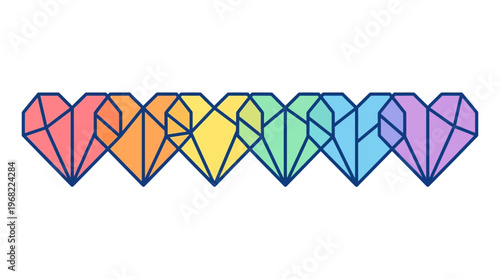 Colorful heart shaped gemstones in row.