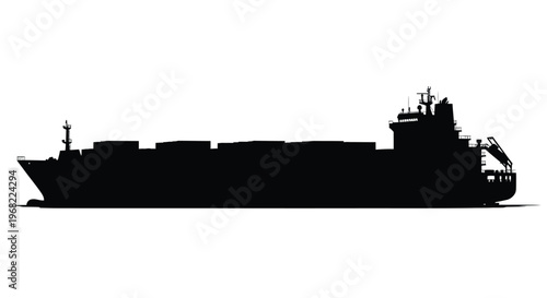 Detailed cargo ship illustration presented as a striking black silhouette