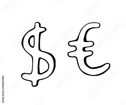 Hand Drawn Dollar and Euro Currency Symbols Doodle Icon Finance Money Illustration