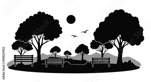 Peaceful park scene with trees benches and birds a dark silhouette