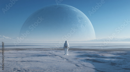 Astronaut on Frozen Alien Planet Facing Blue Giant World