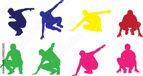 Colorful Skater Silhouettes Set in Jumping and Crouching Poses Urban Street Style Vector