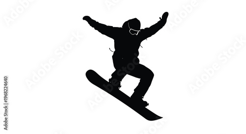 Snowboarder mid air performing a trick dynamic black shape silhouette