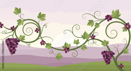 Grapevine Garland with Purple Grapes and Flowers on a Pastel Landscape Background