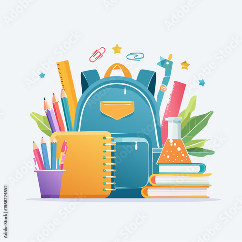 A vibrant collection of school supplies and a backpack, perfect for back-to-school promotions and educational themes