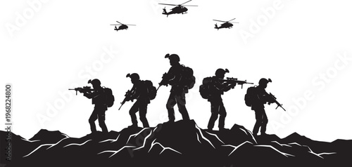 Silhouette illustration of a specialized military ground unit on rugged terrain, supported by helicopters, symbolizing a critical tactical operation or strategic mission with airpower
