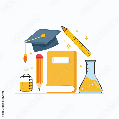 Dynamic vector illustration depicting essential academic and scientific tools, symbolizing education, knowledge, and intellectual growth. Ideal for learning and discovery concepts