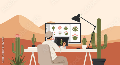 Graphic Designer Creating Floral Illustrations on Computer in Desert Landscape