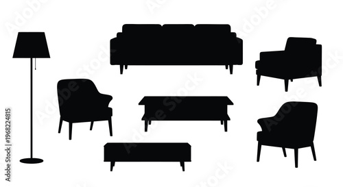 Black furniture arrangement depicted in a stark modern silhouette