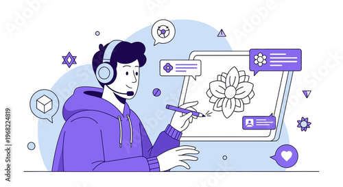 Graphic Designer Creating Floral Art on Tablet with Headset