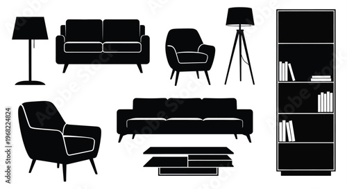 Minimalist furniture arrangement in black including a striking silhouette
