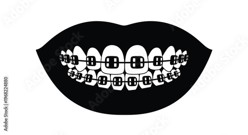 Black and white illustration of teeth with braces a striking silhouette