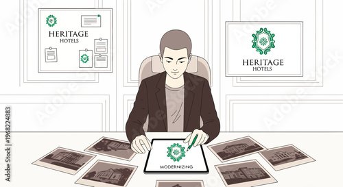 Graphic Designer Creating Hotel Brand Identity and Logo on Tablet