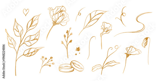 A large set of vector illustrations featuring flowers, twigs, leaves, and gold wedding rings. These outline illustrations are perfect for wedding cards, invitations, and decor.