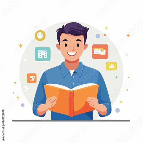 A smiling young man happily reading an open book with educational icons floating around him