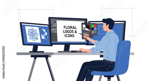 Graphic Designer Working on Floral Logos and Icons on Computer