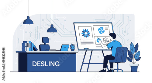 Graphic Designer Working on Logo Ideas at Office Desk with Presentation Board