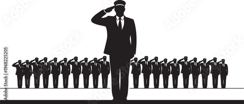 Powerful silhouette of a distinguished leader saluting, overseeing a structured group of subordinates in uniform, conveying hierarchy, discipline, and respect in an organizational context