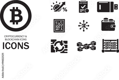 Cryptocurrency Blockchain Icon Set - 10 Black Filled Vector Icons Bundle