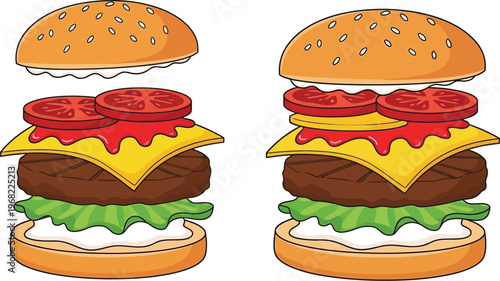 Vector illustration of two delicious cheeseburgers being assembled with floating ingredients
