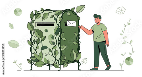 Green Mailbox with Leaves and Man, Eco-Friendly Communication Concept