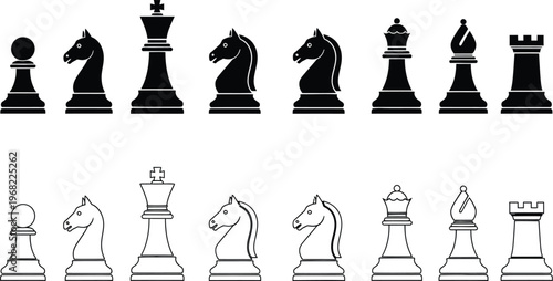 Vector graphic design illustration set of chess pieces outline and solid