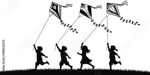 Children flying kites silhouette, kids running on grass, playful childhood activity, outdoor fun scene, happy boys and girls with kites isolated on white