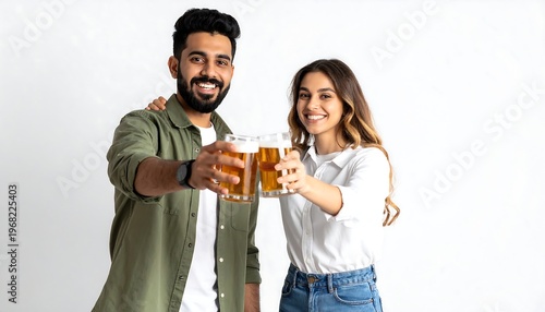 A happy couple cheers with mugs of a golden alcoholic beverage, smiling, in a studio setting