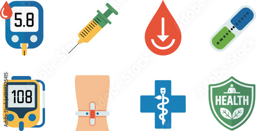 Flat medical and healthcare icon set featuring glucose meters, insulin syringe, blood drop symbols, test strips, wound care and health shield