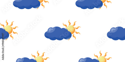 Seamless Weather Pattern with Sun and Clouds on Isolated White