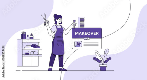 Hairstylist with Scissors and Comb, "Makeover" Sign, Beauty Salon Concept