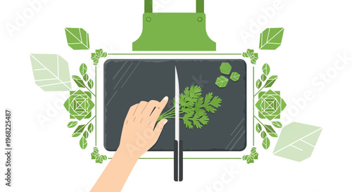 Hand Chopping Fresh Herbs on Cutting Board, Culinary Theme, Green Kitchen Elements