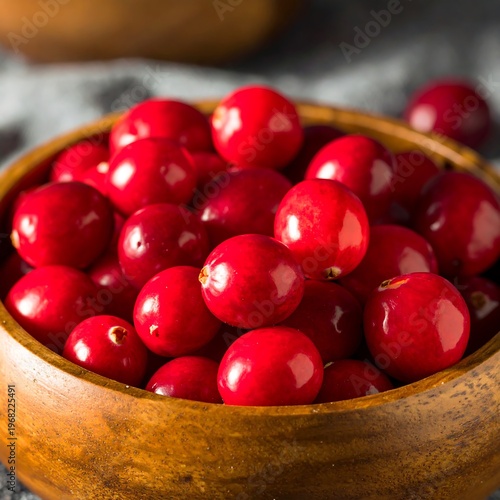 Close-up shot of a wooden bowl brimming with vibrant, ruby-red, round fruit. Natural light reveals texture and sheen