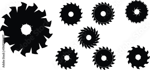 Circular saw blade silhouettes set, sharp cutting tools collection, industrial equipment icons, woodworking and construction elements, black saw blades isolated on white background