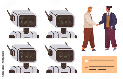 Artificial intelligence, teamwork, automation, digital communication, collaboration, and technology. Four robot agents and two people shaking hands. Artificial intelligence and teamwork idea