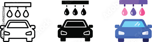 Set of vector graphic icons depicting a vehicle undergoing automated washing service