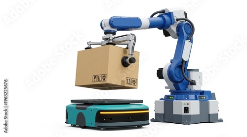 Wallpaper Mural industrial robot, robotic arm, autonomous mobile robot, warehouse automation, cardboard box, logistics technology, smart factory, automated machinery for efficient shipping and smart logistics. Torontodigital.ca