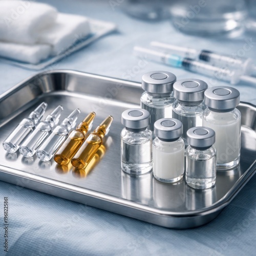 Medical ampoule and vial set on sterile tray for cosmetic injection treatment procedure