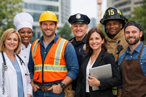 Group of diverse professionals including doctor chef builder police and firefighter smiling in city