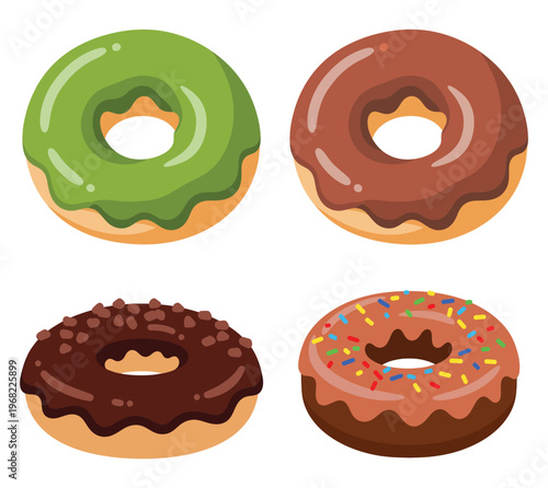 Assorted glazed donuts with colorful toppings.