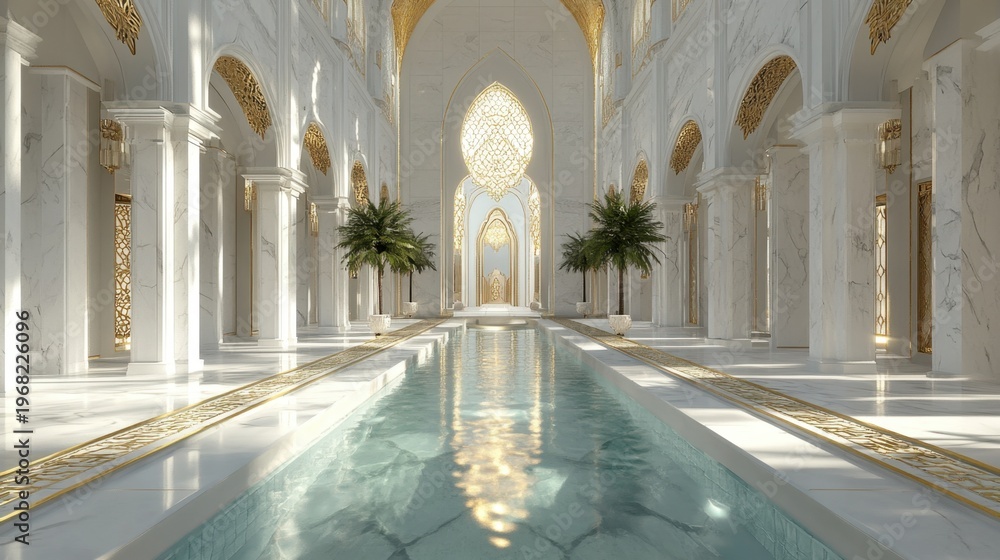 Fototapeta premium Luxury marble hall with pool and gold decor showing elegant palace interior and rich architectural style