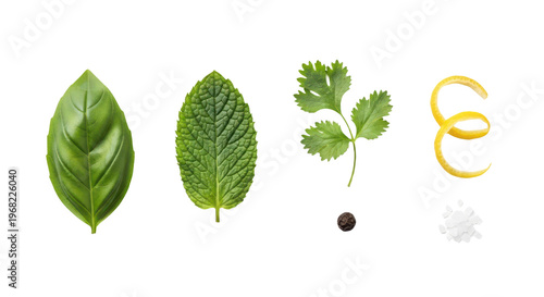 Fresh herbs, spices, and lemon zest isolated on transparent background