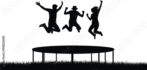Kids jumping on trampoline silhouette, happy children playing outdoors, fun activity, joyful childhood moment, boys and girls bouncing isolated on white background