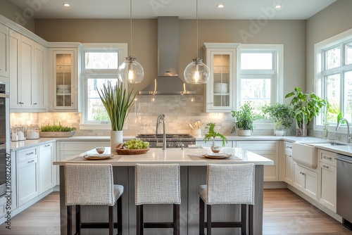 Cozy home kitchen interior with a bar island and cooking cabinet in an apartment, offering a modern and compact design, Generative AI