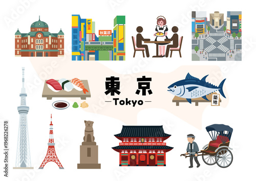 東京都の観光・グルメ・サブカルチャーアイコンセット（秋葉原・渋谷・浅草・寿司）