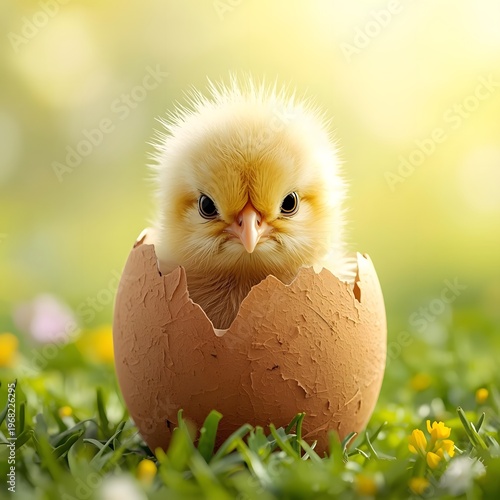 Cute Baby Chick Hatching from Easter Egg Spring Concept