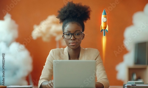 African businesswoman working with a laptop, surrounded by a forex hologram with a rocket, representing financial growth and investment, Generative AI
