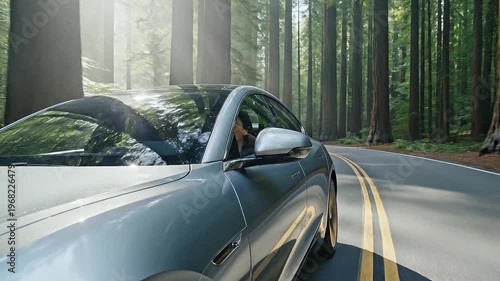 Sports car driving through sunlight-dappled forest road  
