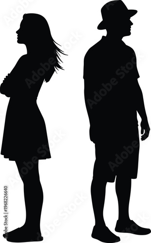 Silhouette of couple standing back to back, relationship conflict concept, man and woman disagreement, emotional distance, breakup or argument, isolated on white background